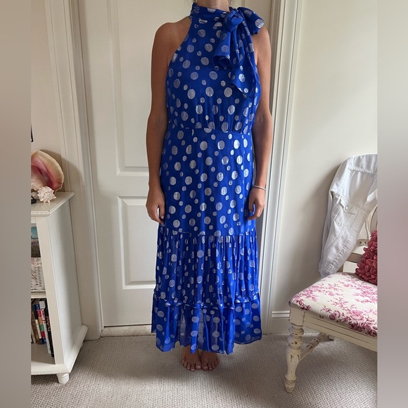 RIXO Eleanor Lame Blue and Silver Polka Dot Sleeveless Dress - Picture 3 of 7